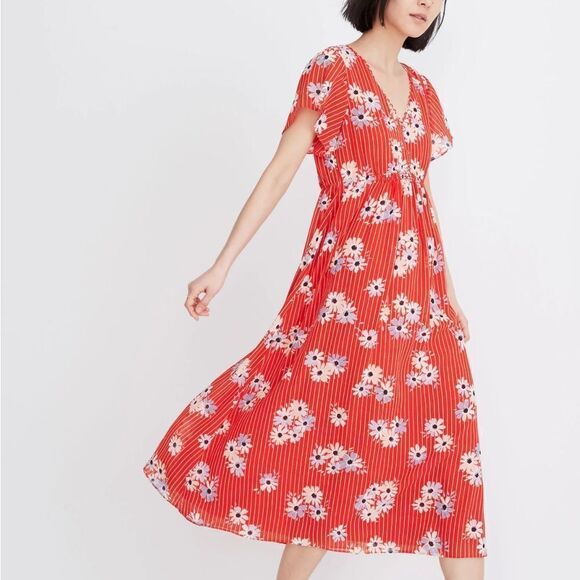 Madewell Scalloped Flutter-Sleeve Midi Dress in Daisy Society 12 red - Picture 1 of 8